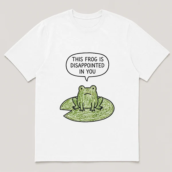 Front view of a White Tee printed with flat-faced frog stares straight at the viewer from a lily pad and the caption THIS FROG IS DISAPPOINTED IN YOU