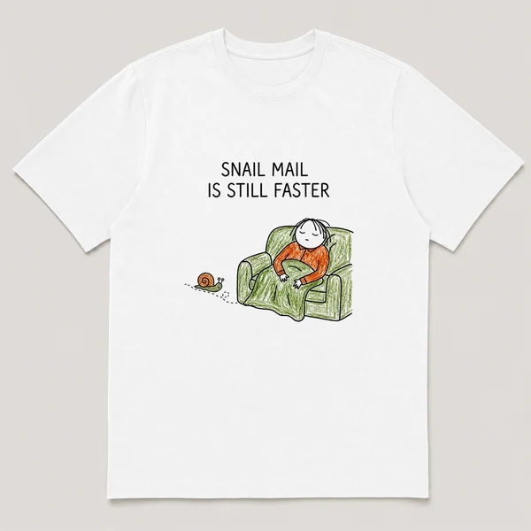 Front view of a White Tee printed with snail glides past a couch potato who has not moved for days and the caption SNAIL MAIL IS STILL FASTER