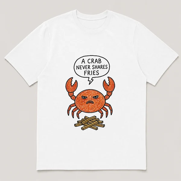 Front view of a White Tee printed with crab guards a small pile of fries with both claws raised and the caption A CRAB NEVER SHARES FRIES