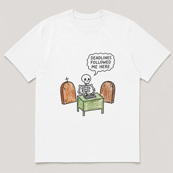 Front view of a White Tee printed with skeleton types at a desk wedged between two tombstones and the caption DEADLINES FOLLOWED ME HERE
