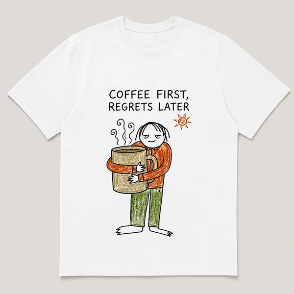 Front view of a White Tee printed with a bleary blob-headed guy hugs a giant steaming mug with both arms while the sun peeks in and the caption COFFEE FIRST, REGRETS LATER