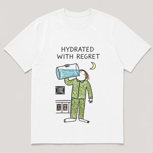 Front view of a White Tee printed with guy in pajamas gulps from a huge glass of water in a dark kitchen under a crescent moon and the caption HYDRATED WITH REGRET