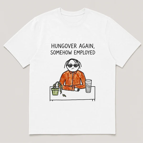 Front view of a White Tee printed with squinting guy in sunglasses sits at a desk with a wilted plant and a tall water glass and the caption HUNGOVER AGAIN, SOMEHOW EMPLOYED