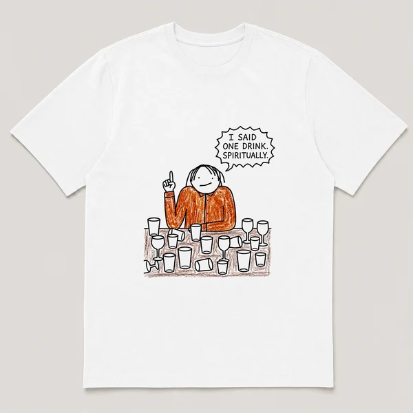 Front view of a White Tee printed with guy sits at a table crowded with empty glasses, holding up one finger and the caption I SAID ONE DRINK. SPIRITUALLY.