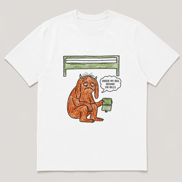 Front view of a White Tee printed with droopy monster under a bed holds an empty wallet upside down and the caption UNDER MY BED, BEHIND ON BILLS