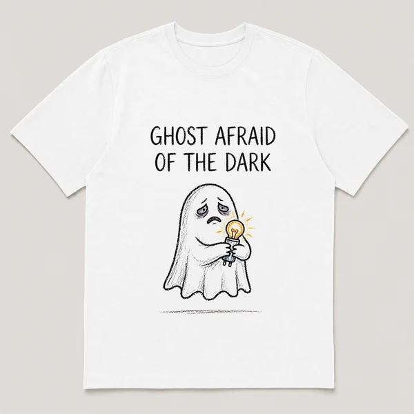 Front view of a White Tee printed with sheet ghost clutches a glowing nightlight in a dark hallway and the caption GHOST AFRAID OF THE DARK