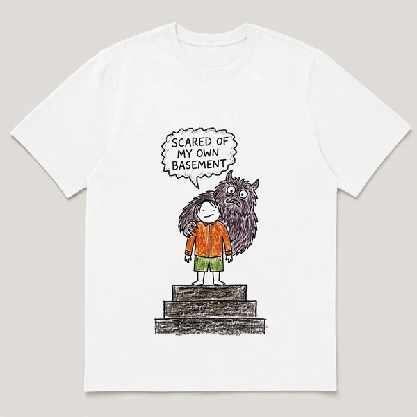 Front view of a White Tee printed with big furry monster hides behind a small kid at the top of dark stairs and the caption SCARED OF MY OWN BASEMENT