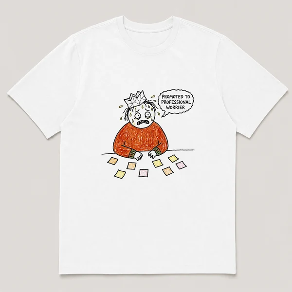 Front view of a White Tee printed with nervous guy with a crooked paper crown sweats at a desk covered in sticky notes and the caption PROMOTED TO PROFESSIONAL WORRIER