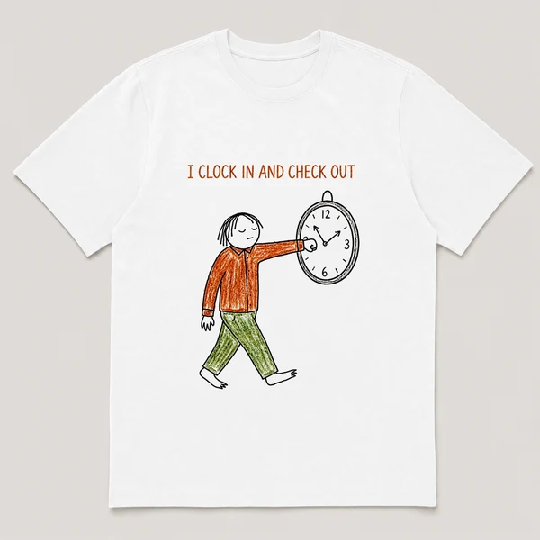 Front view of a White Tee printed with a guy punches a wall clock while sleepwalking past it with eyes closed and the caption I CLOCK IN AND CHECK OUT