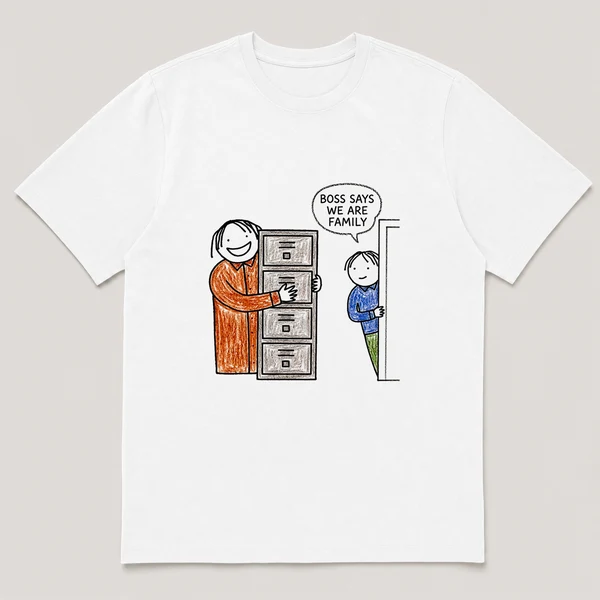Front view of a White Tee printed with grinning boss hugs a metal filing cabinet while an employee watches from a doorway and the caption BOSS SAYS WE ARE FAMILY